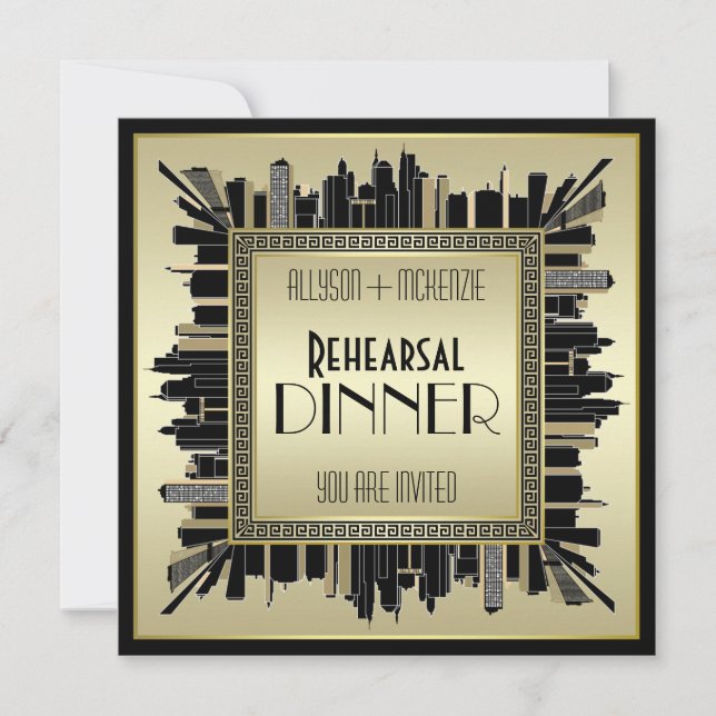 Convite Janto de Ensaios Dourados de Casamento de Arte Dec (Frente)