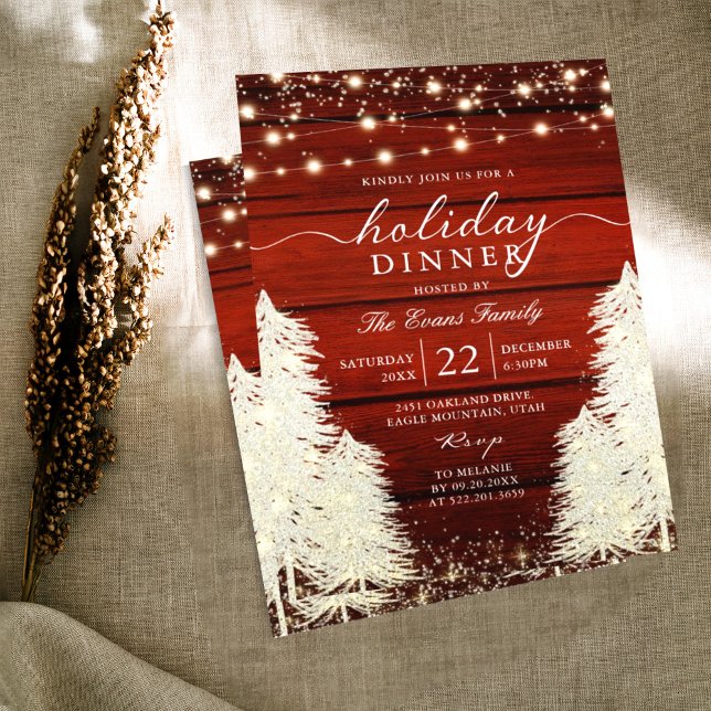 Convite Janto de Férias Rustic Wood String Lights Tres Hol (Criador carregado)