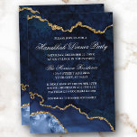 Convite Janto de Hanukkah do Dourado Marble da Watercolor<br><div class="desc">Placa de Convite de festas de Janto de Geodo Hanukkah,  Dourado e Elegante moderno,  azul de inverno,  azul e goma-mármore azul</div>