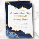 Convite Janto de Hanukkah Dourado com Geodo Azul de Cor-de<br><div class="desc">Placa de Convite de festas de Janto de Geode Hanukkah,  Dourada e Elegante moderna,  cor de água azul de inverno e azul de mármore - branco com script Dourado</div>