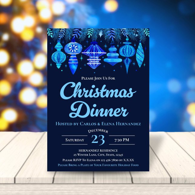 Convite Janto de Natal Baubles Marinho de Água Azul (Baubles Christmas Dinner Watercolor Navy Blue Invitation)