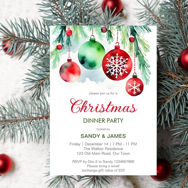 Convite Janto de Natal - Bebidas verdes vermelhas (Christmas dinner party template invitation digital download classical red and green baubles pines)