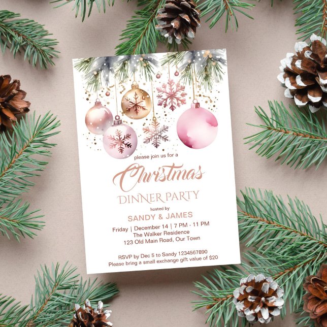 Convite Janto de Natal - Boho Metal Watercolor (Boho Christmas party template invitation instant download metallic rose gold baubles snowflakes pine)