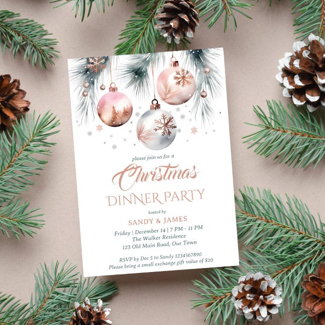 Convite Janto de Natal - Boho Metal Watercolor (Boho Christmas dinner party template invitation instant download rose gold metallic silver snowflake)