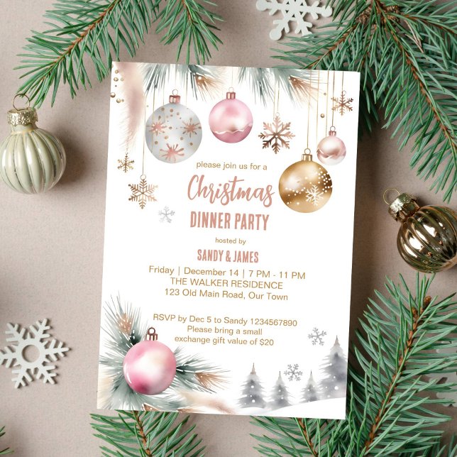 Convite Janto de Natal - Boho Metal Watercolor (Boho Christmas dinner party template invitation metallic rose gold silver snowy pines modern waterco)