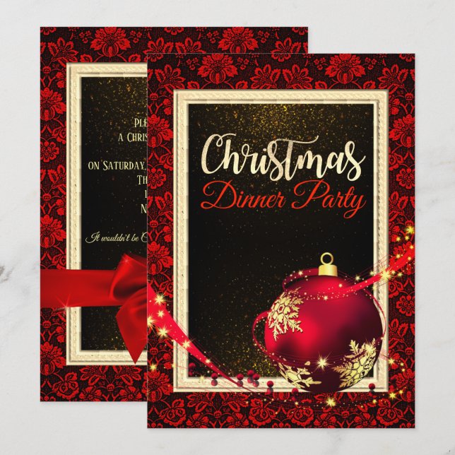 Convite Janto de Natal Glamorous Red Damask Convidado (Frente/Verso)