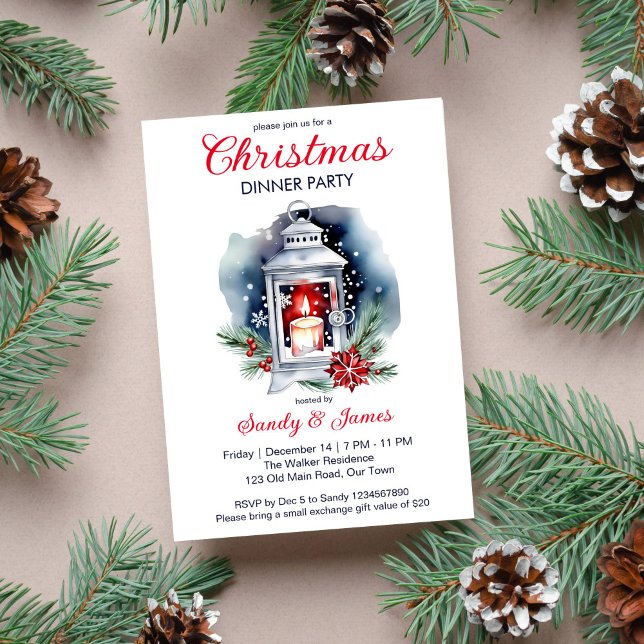Convite Janto de Natal, lanterna poinsettia (Christmas dinner party classical template invitation Christmas lantern candle poinsettia snowflakes )
