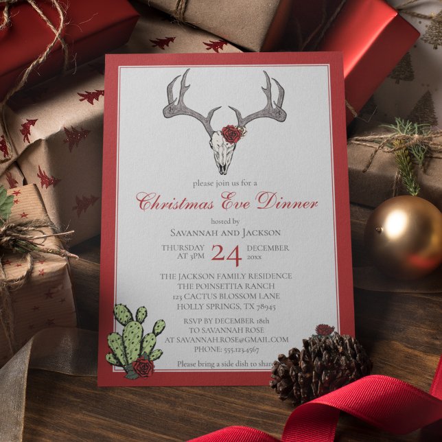 Convite Janto de Natal Ocidental Reindeer Antlers & Cactus (Western Christmas Eve Dinner Party Invites. Hand-Drawn Reindeer Skull, Antlers, RedRoses & Cacti.)