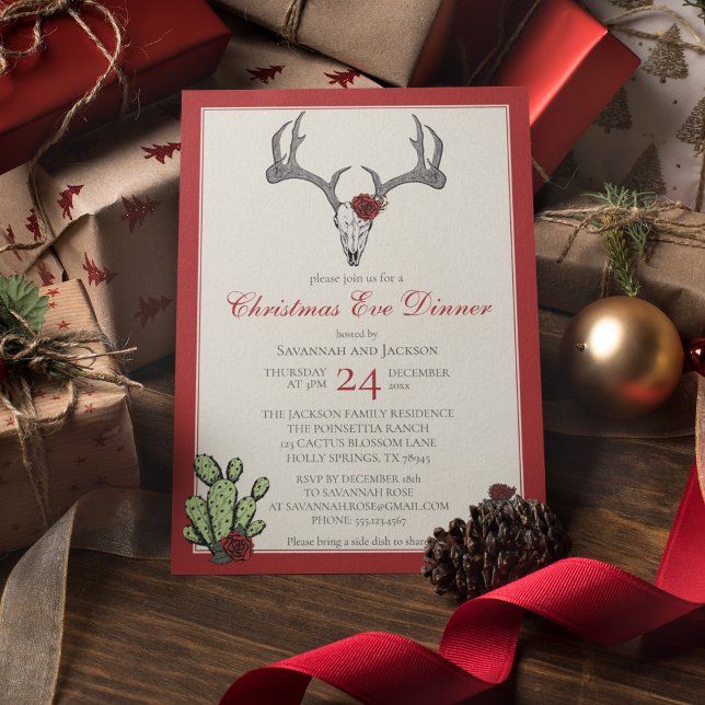 Convite Janto de Natal Ocidental Reindeer Antlers & Cactus (Western Christmas Eve Dinner Party Invites. Hand-Drawn Reindeer Skull, Antlers, RedRoses & Cacti.)