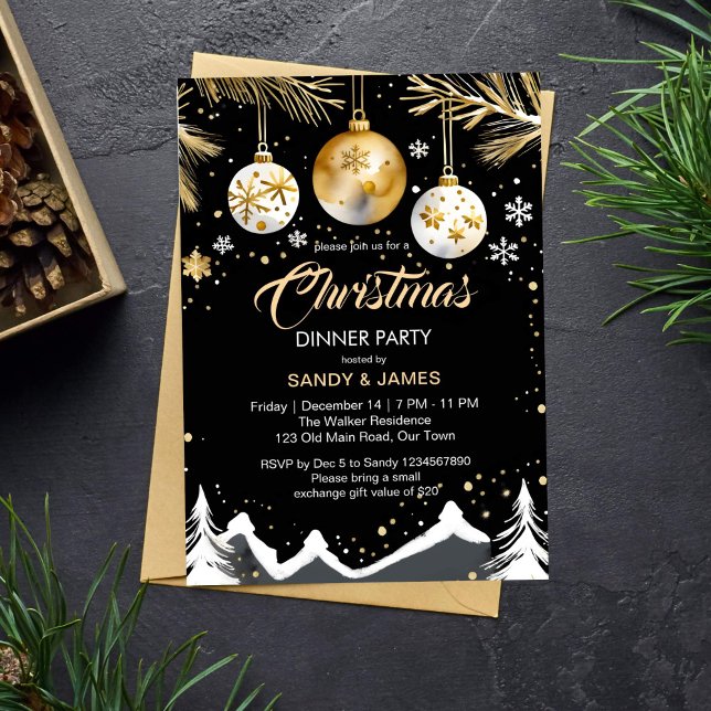 Convite Janto de Natal - ouro e bausolas pretas (Christmas dinner party chic elegant template invitation gold and black Christmas invitation)