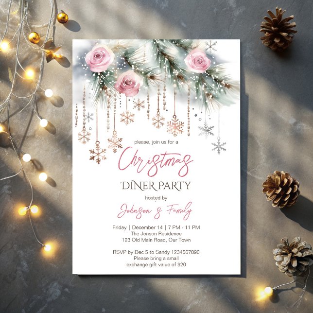 Convite Janto de Natal, pastel rosa, ouro rosa (Christmas dinner party pastel pink rose gold invitation template snowflakes pines Christmas party)