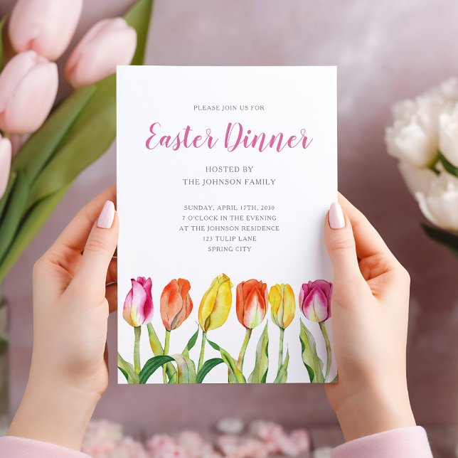 Convite Janto de Páscoa de Tulipas Florais Elegante (Elegant Floral Watercolor Tulip Easter Dinner Invitation)