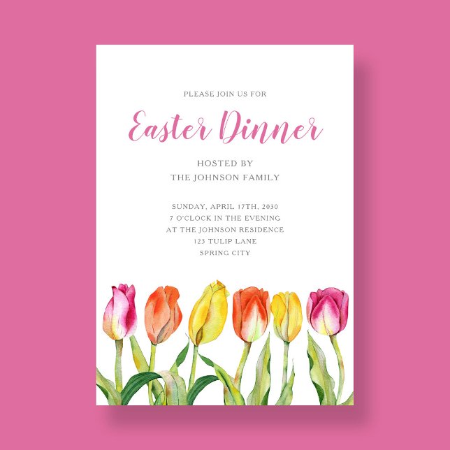 Convite Janto de Páscoa de Tulipas Florais Elegante (Elegant Floral Watercolor Tulip Easter Dinner Invitation)