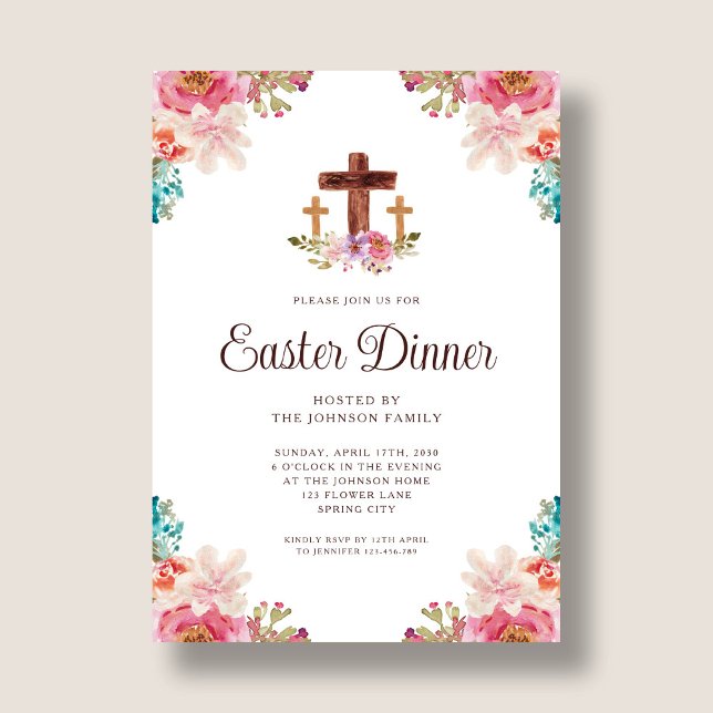 Convite Janto de Páscoa Floral Elegante (Elegant Floral Cross Easter Dinner Invitation)