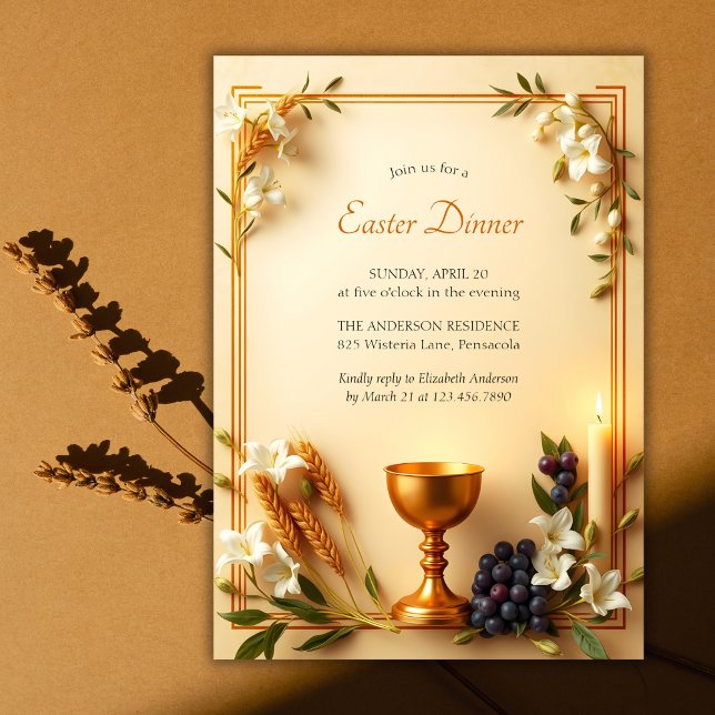 Convite Janto de Páscoas Católica Tradicional do Dourado C (Traditional Christian Easter Dinner Invitation with Elegant Religious Design)