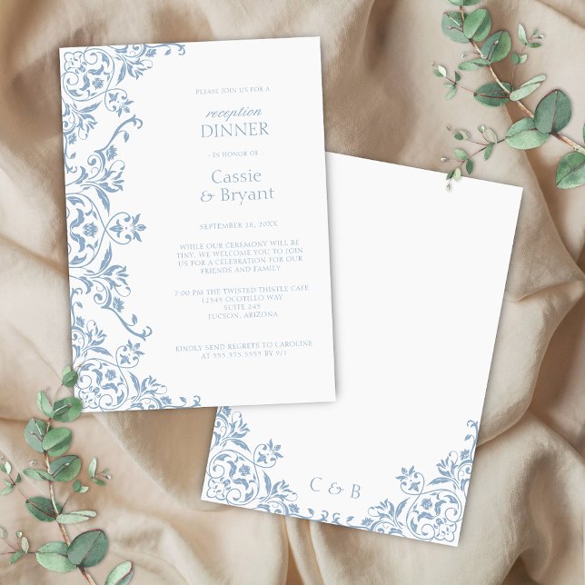 Convite Janto de Recepção de casamento branca e azul chic (elegant blue and white formal reception dinner invitation with floral border for regency era theme)