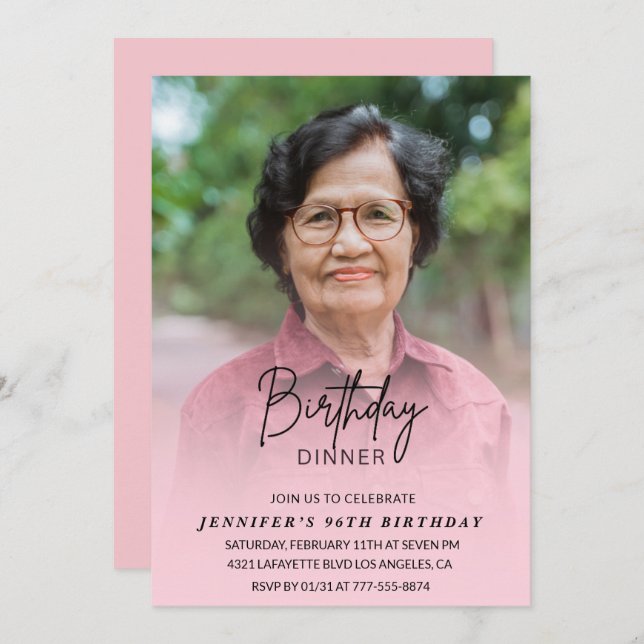 Convite Janto de sombra rosa elegante Foto 96 anos (Frente/Verso)