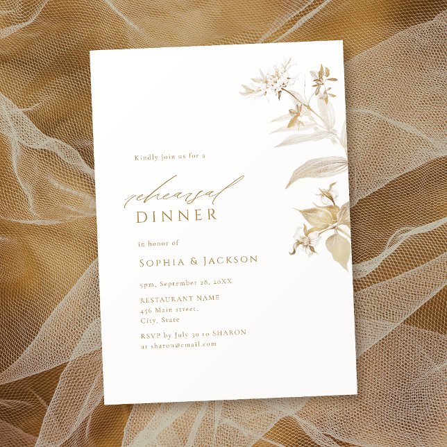 Convite Janto Dourado de ensaio botânico Elegante (Elegant Modern Gold Botanical Rehearsal Dinner Invitation)
