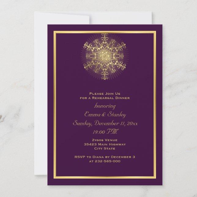 Convite janto Dourado de ensaio de casamento roxo com floc (Frente)
