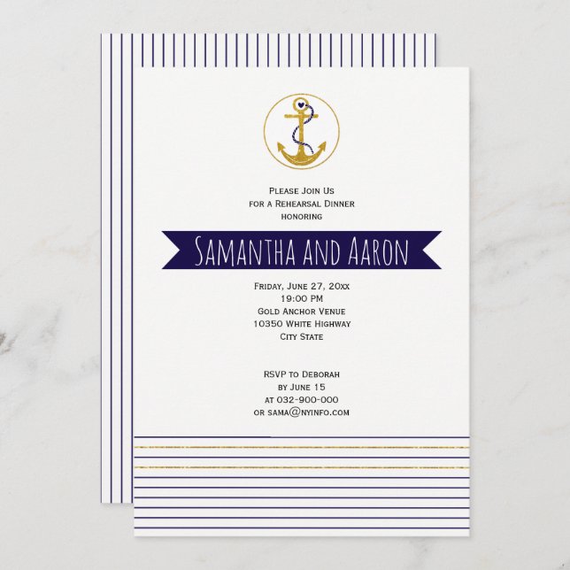 Convite janto Dourado de ensaio de náutica do casamento ân (Frente/Verso)