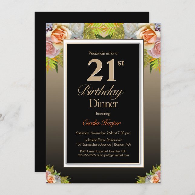 Convite Janto Dourado Floral aniversário de 21 anos (Frente/Verso)