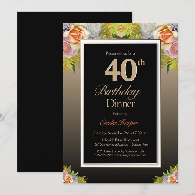 Convite Janto Dourado Floral aniversário de 40 anos (Frente/Verso)