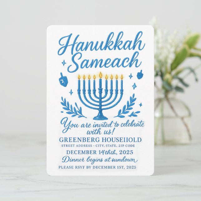Convite Janto Elegante Hanukkah Sameach (Em pé/Frente)