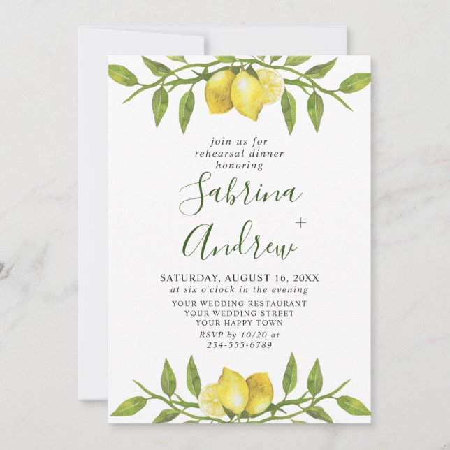 Convite Janto Elegante Lemon Watercolor Greenery REHEARSAL (Frente)