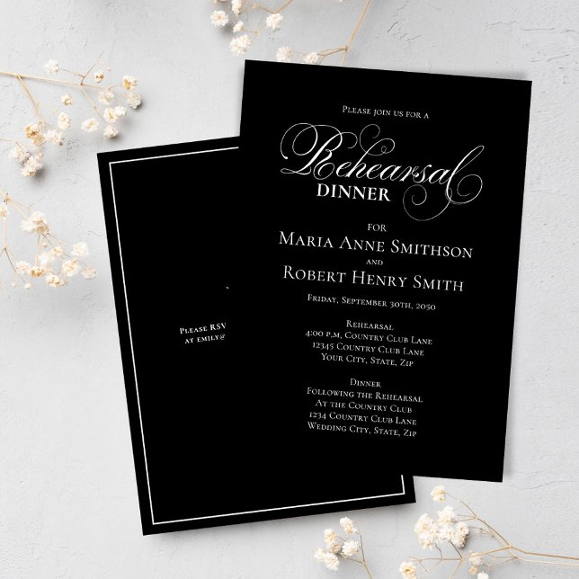 Convite Janto Elegante Negro e Branco (Black and white calligraphy script rehearsal dinner invitation.)