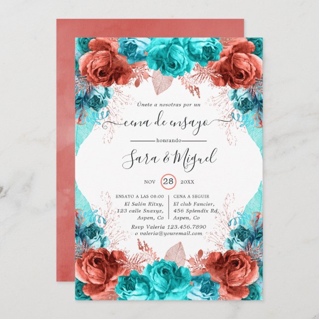 Convite Janto Espanhol de Ensaios Florais em Turquesa e Co (Frente/Verso)