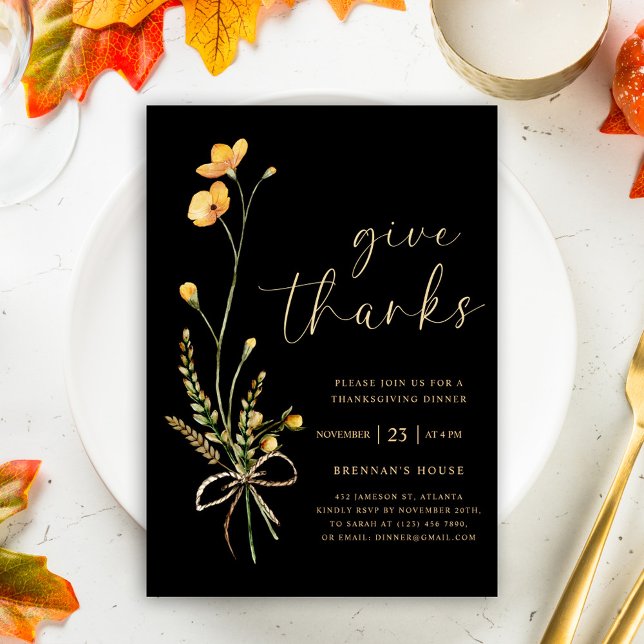 Convite Janto Fall Black Floral, Ação de Graças (Black Wildflower Thanksgiving Dinner Invitation)
