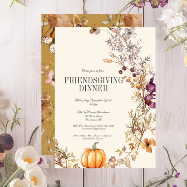Convite Janto Fall Floral Pumpkin Amizade (Fall Floral Friendsgiving Dinner Invitation, Pumpkin Thanksgiving Invite, Wildflowers)