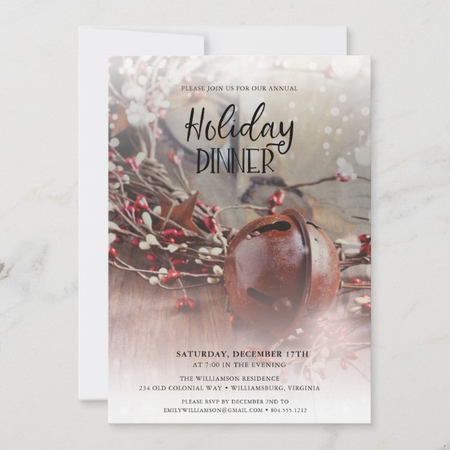 Convite Janto Feriado Rusty Bells Holly Berries (Frente)