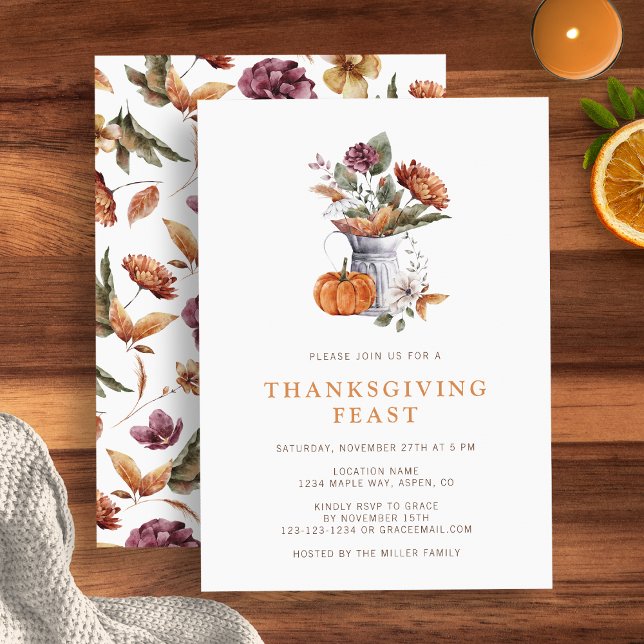 Convite Janto Floral de Ação de Graças (Autumn floral Thanksgiving dinner Invitation rustic pumpkin autumn floral by Painted Paperie
)