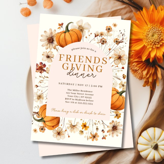 Convite Janto Floral de Amizade de Abóbora (Fall Pumpkin Friendsgiving Dinner Invitation
)