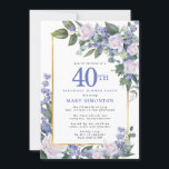 Convite Janto Floral Dourado Azul<br><div class="desc">Honre uma mulher especial com este convite elegante e feminino para Jantar aniversário de 40 anos. O 40º está escrito em grande texto azul. A comemoração de aniversário segue. O nome do convidado também está em letras azuis. O resto do texto é cinza de pomba mole. Os detalhes da comemoração...</div>