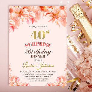 Convite Janto Floral Dourado Rosa-aniversário de 40 anos d