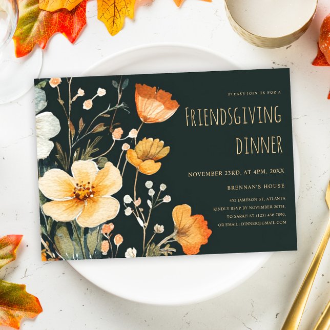 Convite Janto Floral Russo de Ação de Graças (Thanksgiving Floral Rustic Friendsgiving Dinner Invitation)
