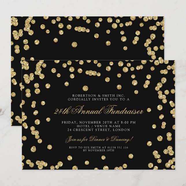 Convite Janto Fundraiser Corporativo Dourado Confetti Blac (Frente/Verso)