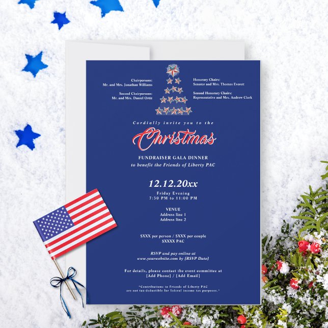 Convite Janto Gala, dador de fundos político do Natal Azul (Blue Christmas political fundraiser gala invitation on snowy background with star tree)