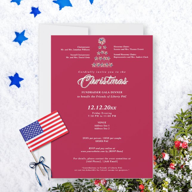 Convite Janto Gala do Fundraiser Político do Natal Vermelh (Red Christmas political fundraiser gala invitation on snowy background with star tree)