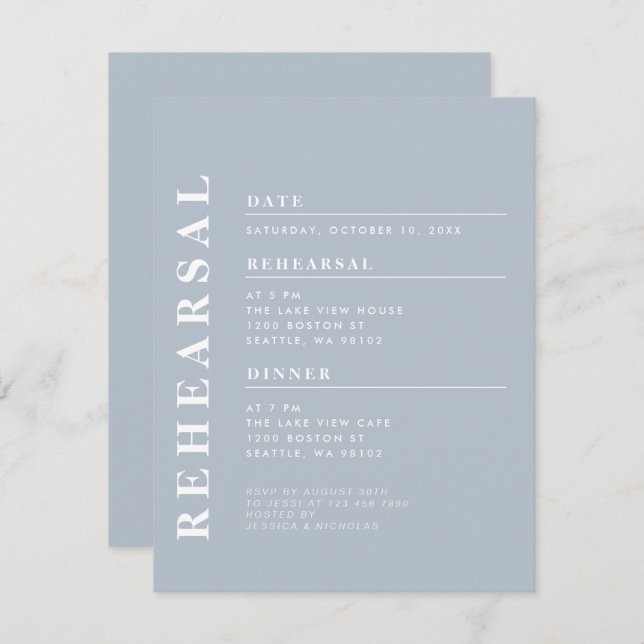 Convite Janto mínimo moderno de ensaio azul empoeirado ele (Frente/Verso)