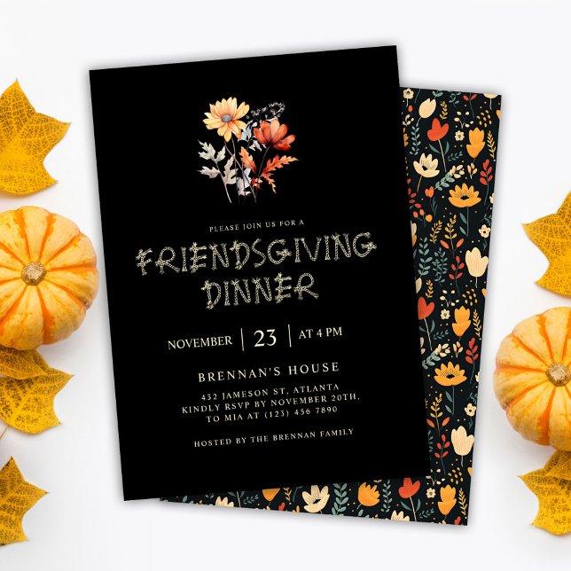Convite Janto Moderno de Ação de Graças e Amizade Elegante (Black Elegant Friendsgiving Dinner Invitation)