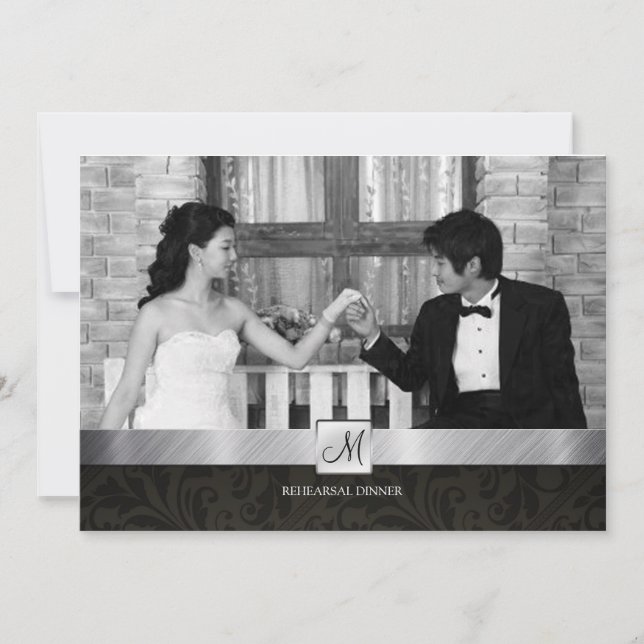 Convite Janto Moderno de Ensaio Black Damask and Silver (Frente)