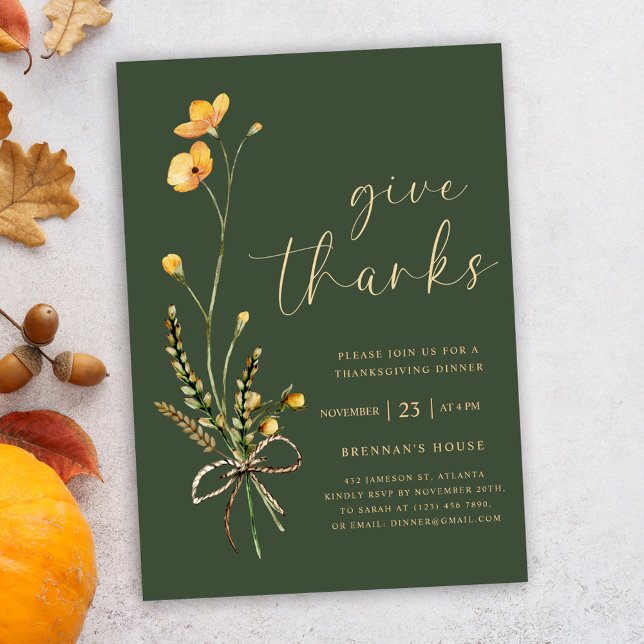 Convite Janto Moderno Elegante de Ação de Graças Verde (Elegant Wildflower Green Thanksgiving Dinner Invitation)