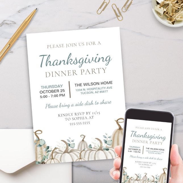 Convite Janto Neutro Elegante de Outono Queda Ação de Graç (Neutral White Pumpkins Fall Autumn Thanksgiving Dinner Party Invitations with Cream Beige Greenery)