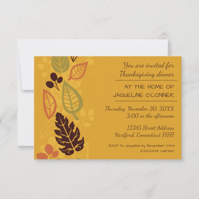 Convite Janto Orange Formal Leaves-3x5Ação de Graças Convi (Frente)