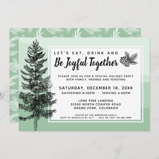 Convite Janto/Partido de Natal Rustic Pine Tree (Frente/Verso)