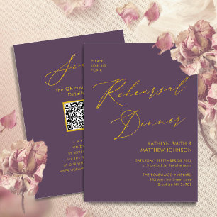 Convite Janto QR do  de Ensaio de Script Dourado Mauve Ele