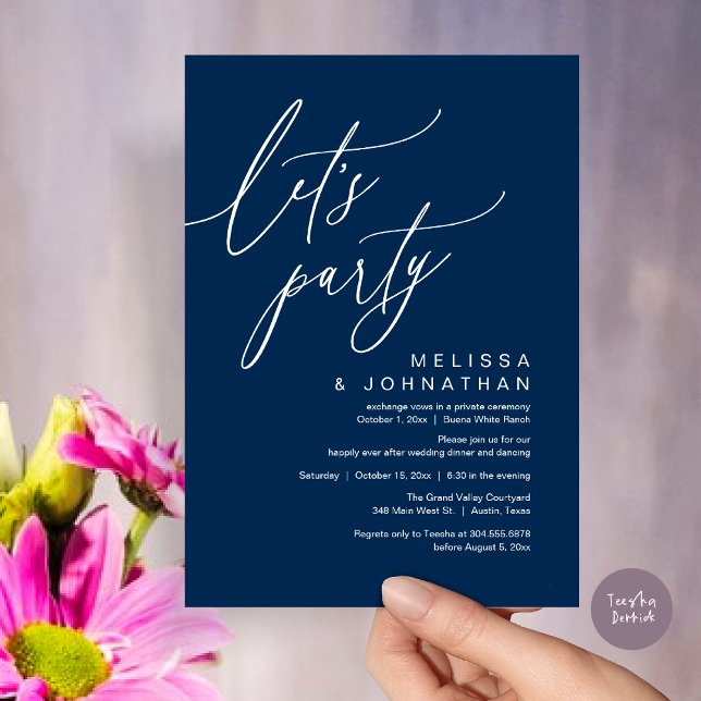 Convite Janto Romântico de Casamento Dançando, Partido Vam (Let's Party, Romantic Charm Wedding Dinner Dancing Lunch Brunch Invitation Card PDF Navy Blue)